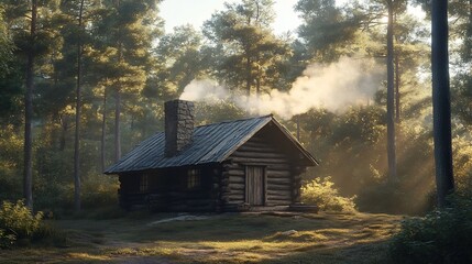Obraz premium Secluded Rustic Cabin in Peaceful Autumn Forest Landscape