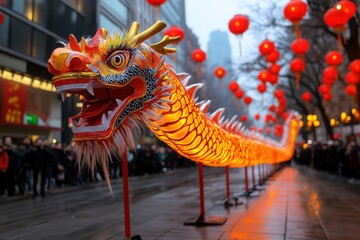 Fototapeta premium Vibrant chinese new year dragon dance celebration with lanterns in urban street