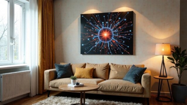  There is a picture on the wall, obviously a neuropicture in an apartment with big brown sofa