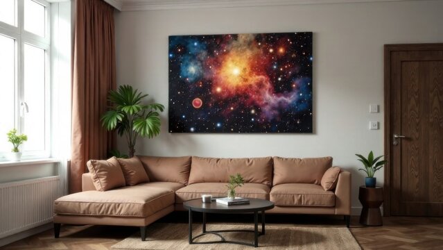  There is a picture on the wall, obviously a neuropicture in an apartment with big brown sofa