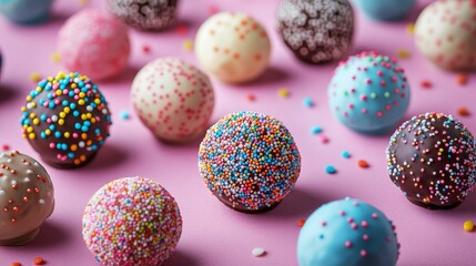 Fototapeta premium A colorful arrangement of chocolate truffles coated with sprinkles on a pink background