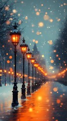 Abstract blurred city lights glowing softly against a snowy urban setting, evoking a magical and peaceful winter mood, style book illustration