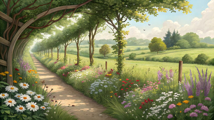 Obraz premium Exploring the vibrant green corridor adorned with wildflowers in a serene natural landscape