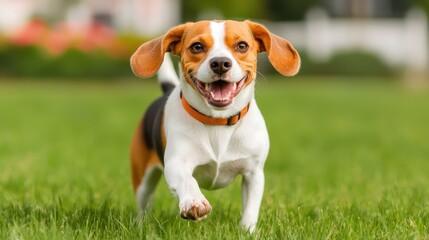 A happy beagle runs playfully on green grass, showcasing its energetic personality and joyful demeanor.