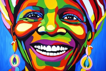 Obraz premium Photography and painting of an African black woman with a tropical color background