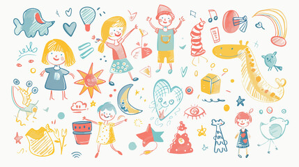 A set of children's doodle pencil sketches, showcasing a variety of fun, simple drawings by kids.