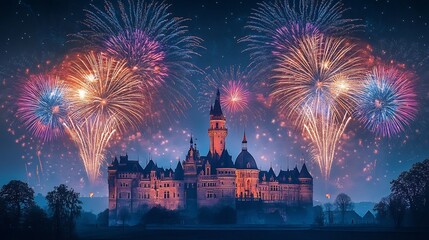 Naklejka premium Magical Castle Lit by Dazzling Fireworks in Nighttime