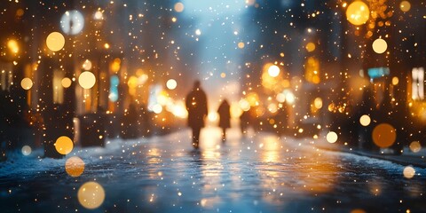 Naklejka premium Abstract blurred city lights glowing softly against a snowy urban setting, evoking a magical and peaceful winter mood, style book illustration