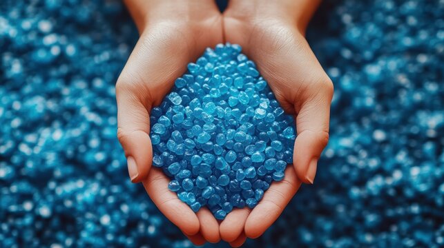 Worker holding colorful plastic resin pellets in hands