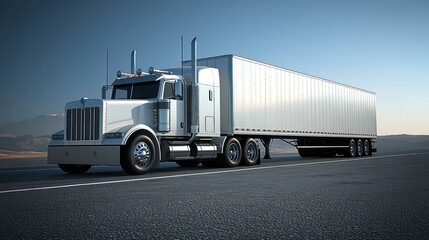 A minimalistic cargo truck parked on an empty desert road under a clear blue sky