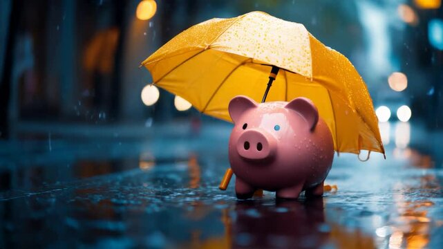 Savings for a rainy day concept. Pink piggy bank under a yellow umbrella in the rain, symbolizing savings for a rainy day and financial security and insurance. Video made using Generative AI.