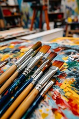 Obraz premium A variety of paint brushes and a mini-sized paint palette