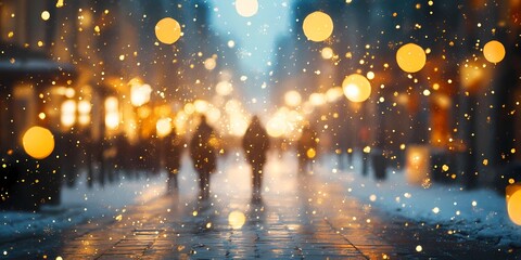 Naklejka premium Abstract blurred bokeh lights illuminating snow-covered urban streets, creating a peaceful and magical winter scene, style book illustration