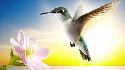 Fototapeta premium Hummingbird in Flight Near Flower at Sunrise.