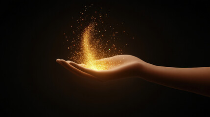 A hand holds glowing golden particles, creating a magical aura against a dark backdrop