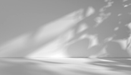 Obraz premium Light grey background image for product presentation, white wall with light casting shadow of leaves on it. Image to represent sense of nature touch, or natural ingredients.