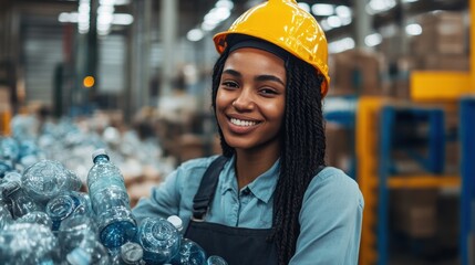 Female factory worker sorting plastic bottles on conveyor belt in recycling plant