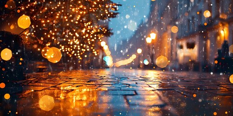 Obraz premium Abstract blurred bokeh lights illuminating snow-covered urban streets, creating a peaceful and magical winter scene, style book illustration