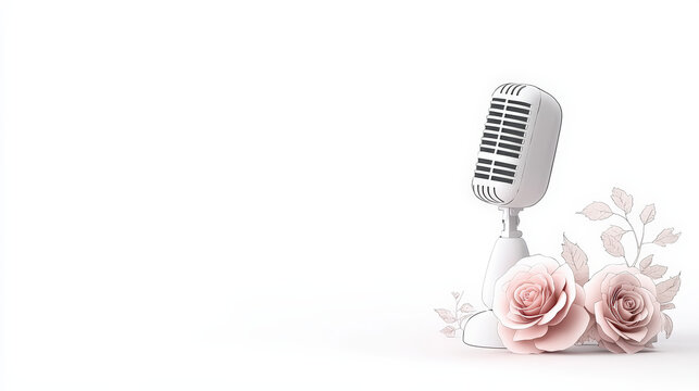 Hand-drawn microphone stands elegantly beside soft pink roses, perfect for a performance setting