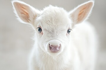 Adorable white fawn, big eyes, soft fur, innocent expression.