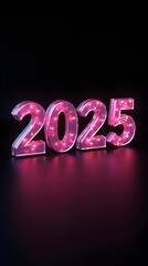 3D Pink Glass Numbers "2025" on Black Background with Reflection