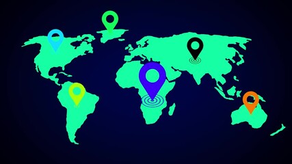 World map with global technology or social connection network with location concept, animation 4K video.