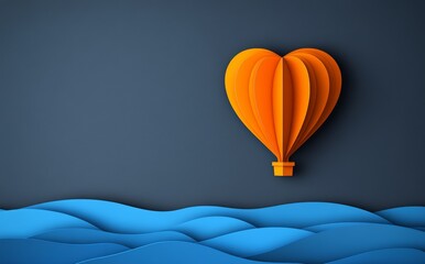 Obraz premium Red heart balloons in 3D paper art style gracefully float in the sky, paired with a blue abstract wave layer cut background for a unique festival and holiday banner template
