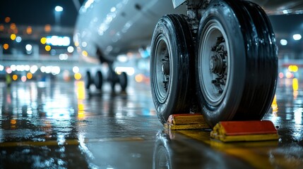 Fototapeta premium Close-up view of airplane landing gear on a wet runway, showcasing tires and reflection in the water