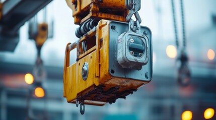 Close-up of a yellow crane control box hanging from a crane, with blurred lights in the background