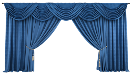 Elegant blue curtains with draped fabric detail, perfect for theater, home decor, or event backdrop designs on white background PNG.AI GENERATED