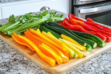 Colorful vegetables arranged on a kitchen board