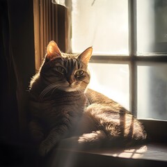 A photo of a cat lounging on a windowsill with sunrays streaming through. 
