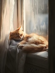 A photo of a cat lounging on a windowsill with sunrays streaming through. 