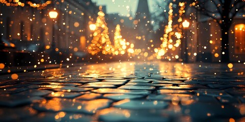Blurred golden city lights glowing faintly on snowy streets, creating a serene and abstract winter urban background, style book illustration