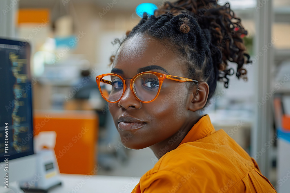 Poster web developer lady: african american coder working at desk