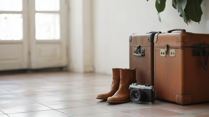 Vintage Suitcases Boots and Camera Setting for Adventure