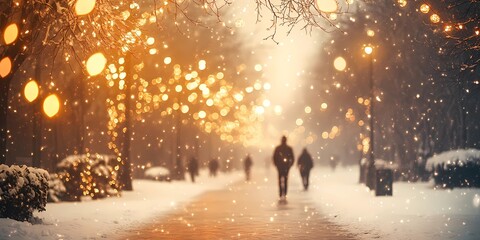 Obraz premium Blurred golden city lights glowing faintly on snowy streets, creating a serene and abstract winter urban background, style book illustration