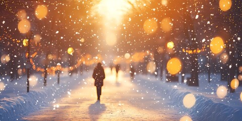 Blurred golden city lights glowing faintly on snowy streets, creating a serene and abstract winter urban background, style book illustration