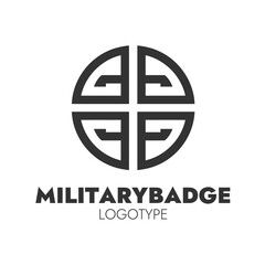 Military badge logo with a geometric design in black and white, symbolizing strength and unity