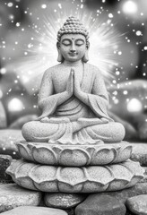 Dark-backgrounded meditating Buddha statue, with room for copying space