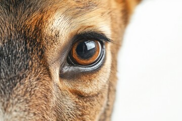 Close-up of a dog's amber eye, showcasing its fur and expressive gaze.