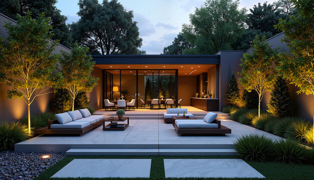 Modern outdoor living space with cozy seating at dusk