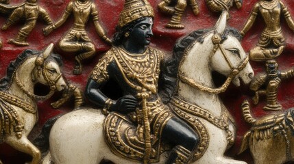 Fototapeta premium Indian deity riding horse, relief carving, royal procession.