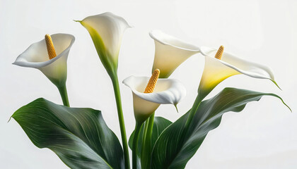 Elegant white calla lilies delicately arranged with lush green leaves; perfect for spring events, weddings, or floral design projects featuring themes of purity and serenity.