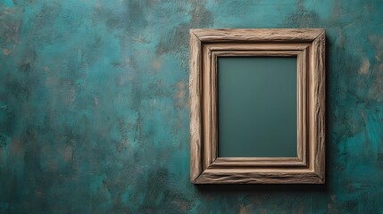 Vintage Wooden Frame on Turquoise Grunge Wall for Home Interior Decor