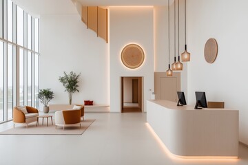 Modern minimalist hotel lobby with contemporary decor and stylish lighting