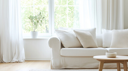 Fototapeta premium Bright Living Room with White Sofa and Large Window