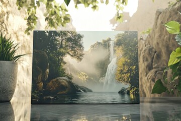 Waterfall cascading in lush green landscape at dawn near tranquil lake