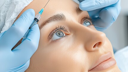 Naklejka premium Close-up of a woman receiving a cosmetic treatment with a syringe in a well-lit clinic