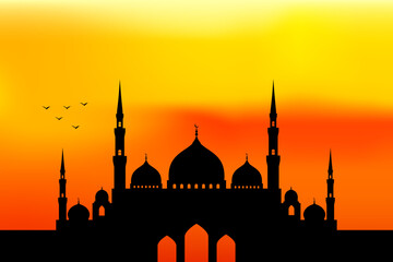 Silhouette of mosque at sunrise. Islamic and Ramadan background. natural background.